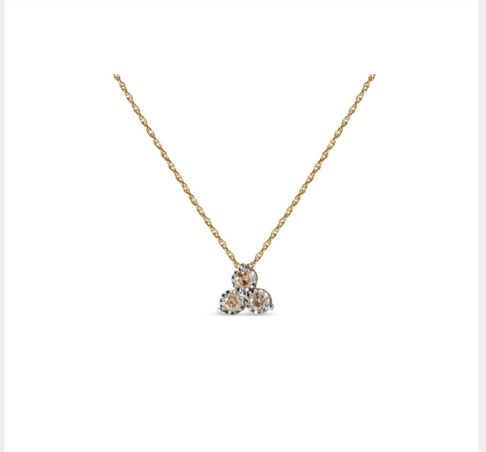 14K Yellow Gold Plated .925 Sterling Silver 1/4 Cttw Diamond 3 Stone Trio 18" Pendant Necklace