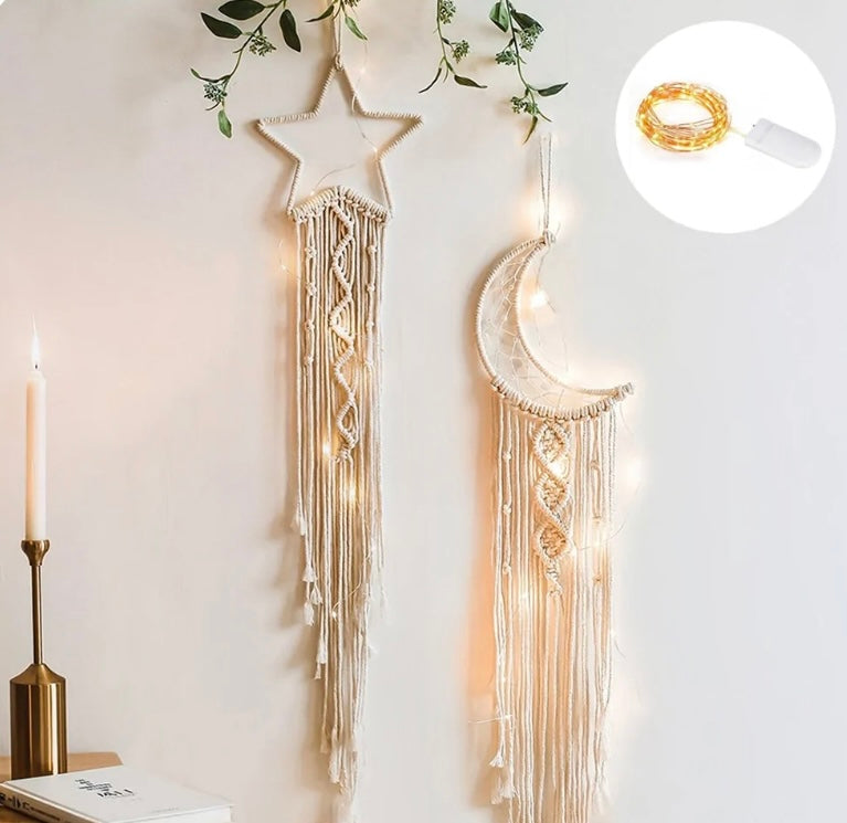 Moon and star Wall Hanging Boho Home Decor With Lights